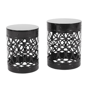 English Elm Outdoor Powder-coated Iron Nesting Accent Tables Set of 2 Laser-cut Circle Design Black 73606.00BLK