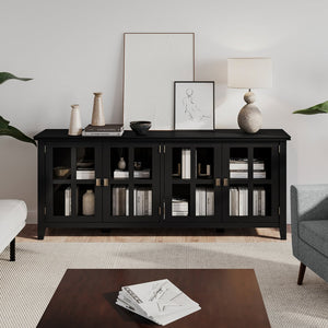 English Elm Artisan Wide 4-Door Storage Cabinet - Handcrafted Black Wood With Glass Doors For Versatile Style B136P158420