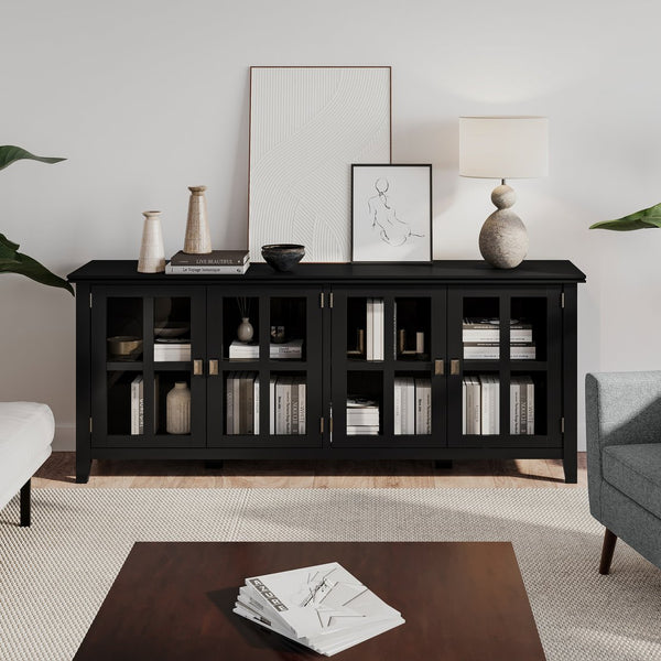 English Elm Artisan Wide 4-Door Storage Cabinet - Handcrafted Black Wood With Glass Doors For Versatile Style B136P158420