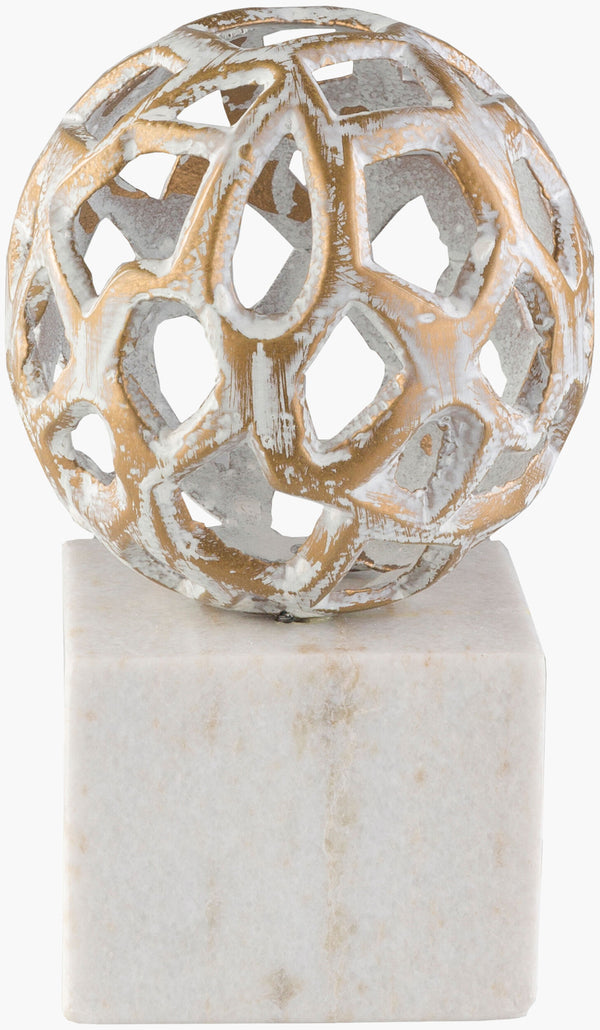 Surya Orb Decorative Accent Sculpture - Modern Marble & Metal Home Décor, 8"H X 5"W, Unique Style Piece White Marble,Iron Orb-001
