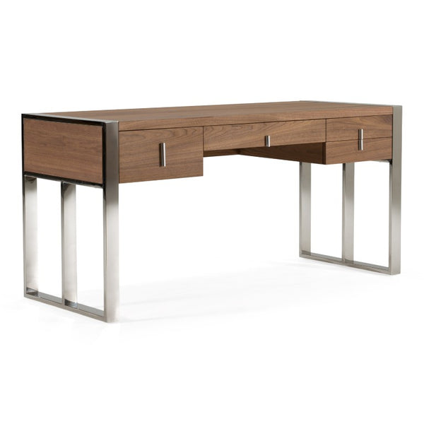 VIG Furniture Orcutt Modern Walnut Desk With Stainless Steel Legs, 4 Soft-Closing Drawers, Spacious Knee Room VGBBMQ2003-DESK