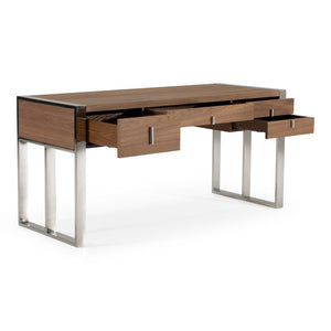 VIG Furniture Orcutt Modern Walnut Desk With Stainless Steel Legs, 4 Soft-Closing Drawers, Spacious Knee Room VGBBMQ2003-DESK