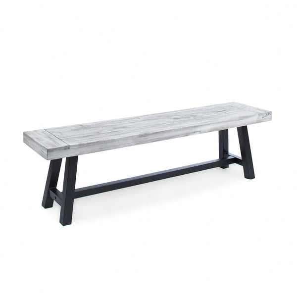 English Elm Dark Acacia Slatted Dining Bench Handcrafted with Iron Frame for Farmhouse Spaces Grey+Black 54562.00SGRY