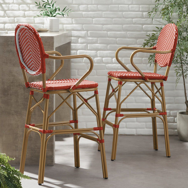 English Elm Outdoor Bistro Wicker Barstools Set of 2 Rust Resistant Aluminum Patio Bar Seating 72605.00RD
