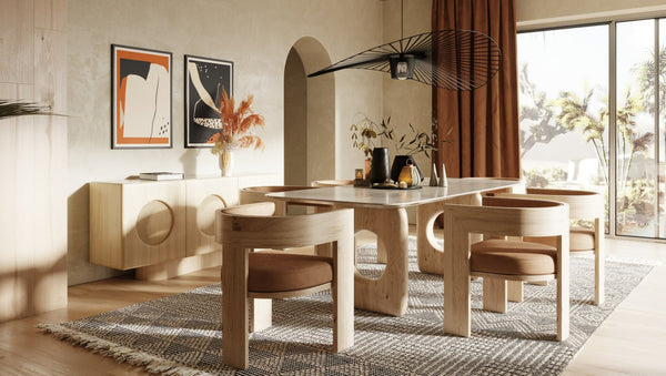 VIG Furniture Osaka Modern Natural Ash Buffet With Rattan Doors, Faux Marble Top, Sculptural Rounded Silhouette VGCS-SB-22116