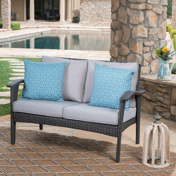 English Elm Christopher Knight Home® - HONOLULU Loveseat Grey Silver PE Rattan Patio Sofa with Iron Frame, Waterproof Cushions, Compact 44.25"L 52919.00IRNGRY