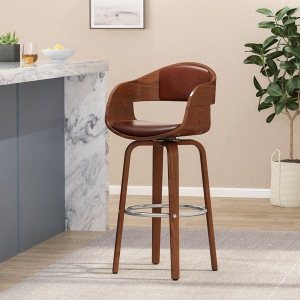 English Elm Christopher Knight Home® - BAR STOOL Mid-Century Modern Faux Leather Swivel with Walnut Veneer Frame and Chrome Footrest Brown 67494.00PUCOGN