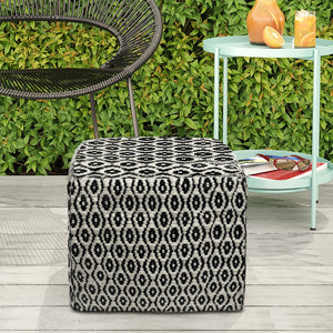 English Elm Kiana Square Woven Outdoor Indoor Pouf - Black/White Recycled PET, Water & UV Resistant Accent Seat B136P159027