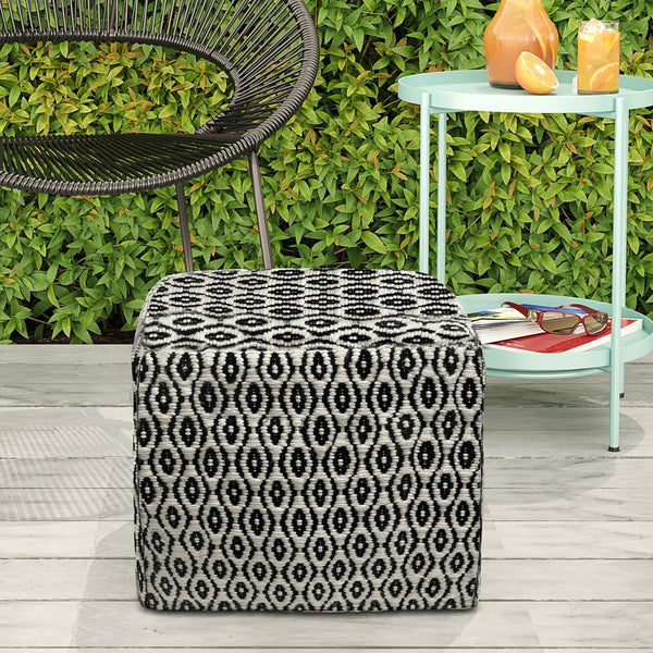 English Elm Kiana Square Woven Outdoor Indoor Pouf - Black/White Recycled PET, Water & UV Resistant Accent Seat B136P159027