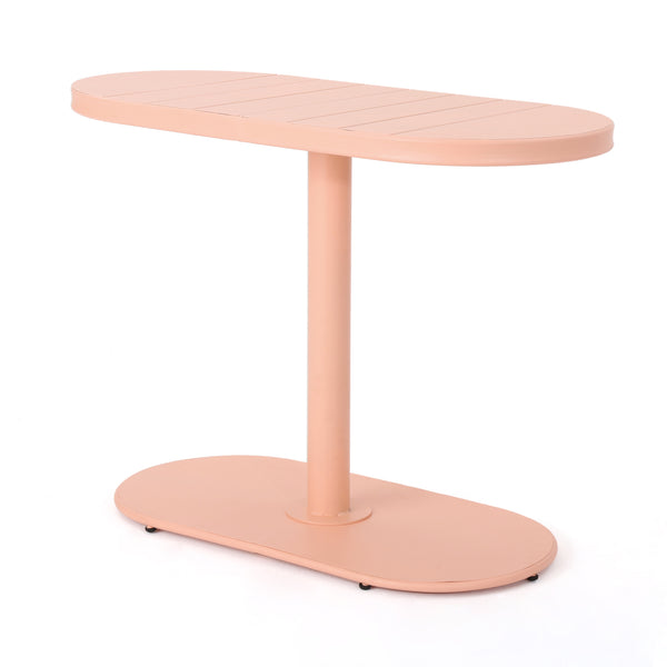 English Elm Santa Monica Outdoor Bistro Set Powder Coated Iron Oval Table Two Slat Chairs Patio Coral 62015.00CRL