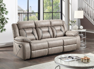 English Elm Steve Silver - Tyson Faux Leather Recliner Sofa with Drop-Down Console, USB Outlets, Cupholders, Grey 86.5" B081P157276