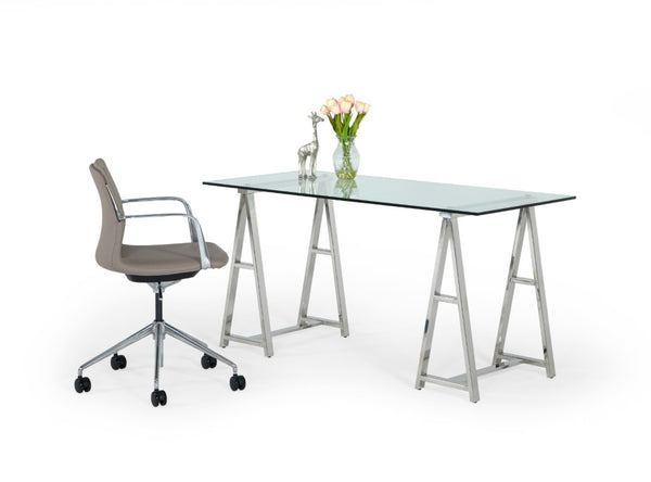 VIG Furniture Ostro Modern Stainless Steel + Glass Desk With Tempered Top, Polished Sawhorse Base & 3 Drawers VGGMCP-705D-GL-SS-DESK