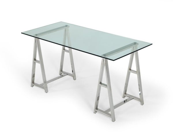 VIG Furniture Ostro Modern Stainless Steel + Glass Desk With Tempered Top, Polished Sawhorse Base & 3 Drawers VGGMCP-705D-GL-SS-DESK