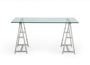 VIG Furniture Ostro Modern Stainless Steel + Glass Desk With Tempered Top, Polished Sawhorse Base & 3 Drawers VGGMCP-705D-GL-SS-DESK