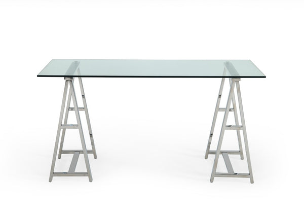 VIG Furniture Ostro Modern Stainless Steel + Glass Desk With Tempered Top, Polished Sawhorse Base & 3 Drawers VGGMCP-705D-GL-SS-DESK