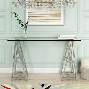 VIG Furniture Ostro Modern Stainless Steel + Glass Desk With Tempered Top, Polished Sawhorse Base & 3 Drawers VGGMCP-705D-GL-SS-DESK
