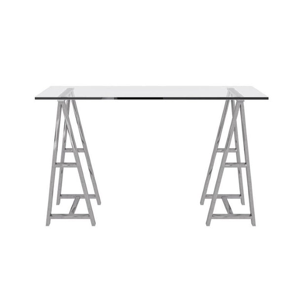 VIG Furniture Ostro Modern Stainless Steel + Glass Desk With Tempered Top, Polished Sawhorse Base & 3 Drawers VGGMCP-705D-GL-SS-DESK