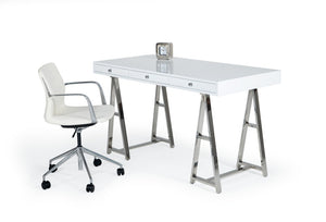 VIG Furniture Ostrow Sleek White Desk With Polished Stainless Steel Sawhorse Base, 3 Drawers, Sturdy 150 Lb Capacity VGGMCP-705E-WHT-DSK