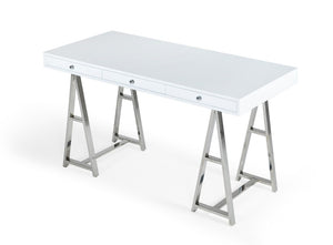 VIG Furniture Ostrow Sleek White Desk With Polished Stainless Steel Sawhorse Base, 3 Drawers, Sturdy 150 Lb Capacity VGGMCP-705E-WHT-DSK
