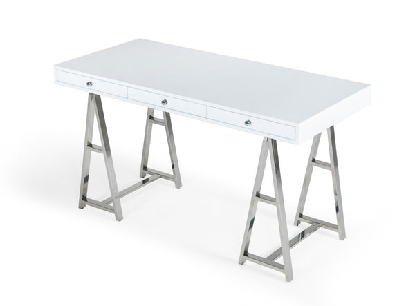 VIG Furniture Ostrow Sleek White Desk With Polished Stainless Steel Sawhorse Base, 3 Drawers, Sturdy 150 Lb Capacity VGGMCP-705E-WHT-DSK