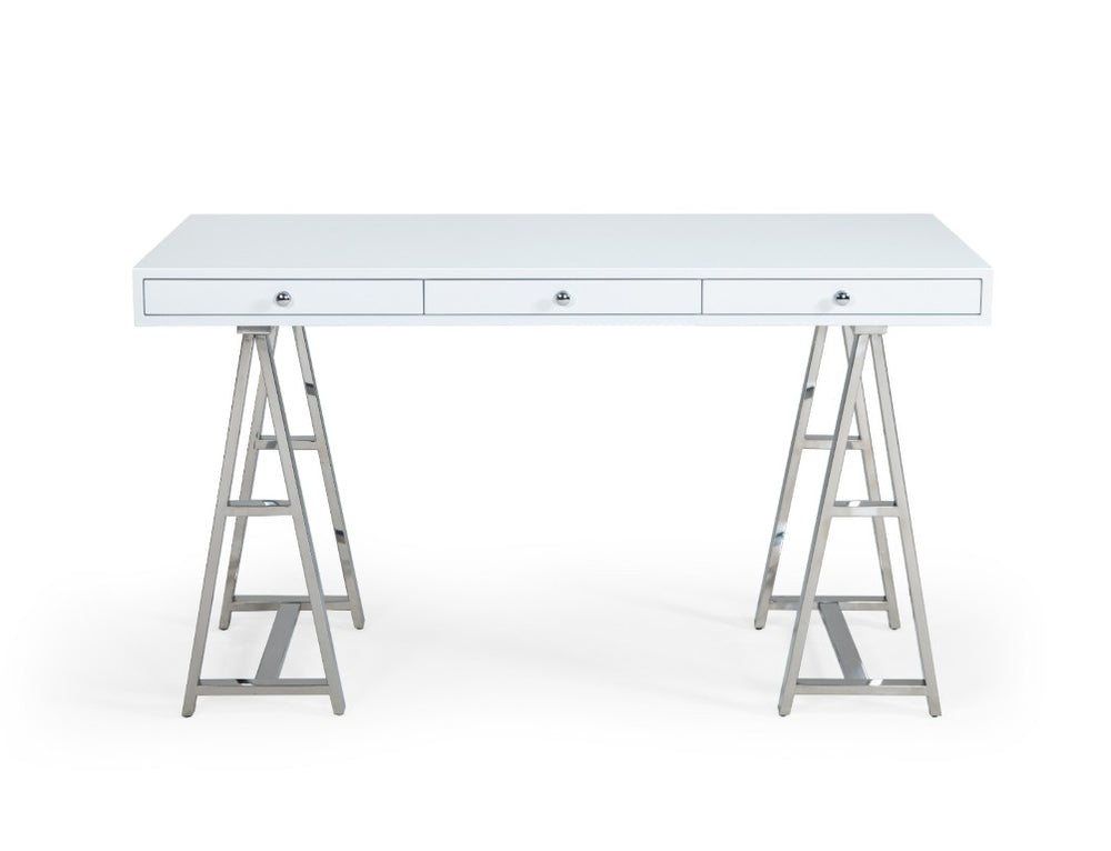 VIG Furniture Ostrow Sleek White Desk With Polished Stainless Steel Sawhorse Base, 3 Drawers, Sturdy 150 Lb Capacity VGGMCP-705E-WHT-DSK