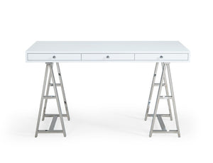 VIG Furniture Ostrow Sleek White Desk With Polished Stainless Steel Sawhorse Base, 3 Drawers, Sturdy 150 Lb Capacity VGGMCP-705E-WHT-DSK