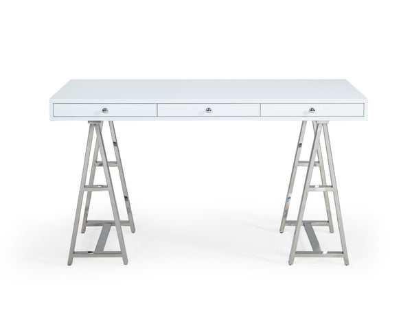 VIG Furniture Ostrow Sleek White Desk With Polished Stainless Steel Sawhorse Base, 3 Drawers, Sturdy 150 Lb Capacity VGGMCP-705E-WHT-DSK
