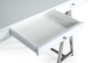 VIG Furniture Ostrow Sleek White Desk With Polished Stainless Steel Sawhorse Base, 3 Drawers, Sturdy 150 Lb Capacity VGGMCP-705E-WHT-DSK