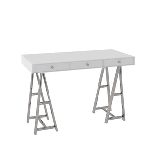 VIG Furniture Ostrow Sleek White Desk With Polished Stainless Steel Sawhorse Base, 3 Drawers, Sturdy 150 Lb Capacity VGGMCP-705E-WHT-DSK