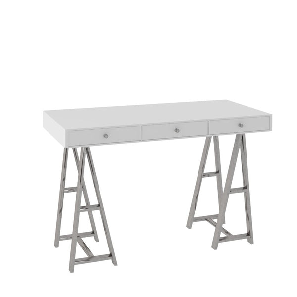 VIG Furniture Ostrow Sleek White Desk With Polished Stainless Steel Sawhorse Base, 3 Drawers, Sturdy 150 Lb Capacity VGGMCP-705E-WHT-DSK