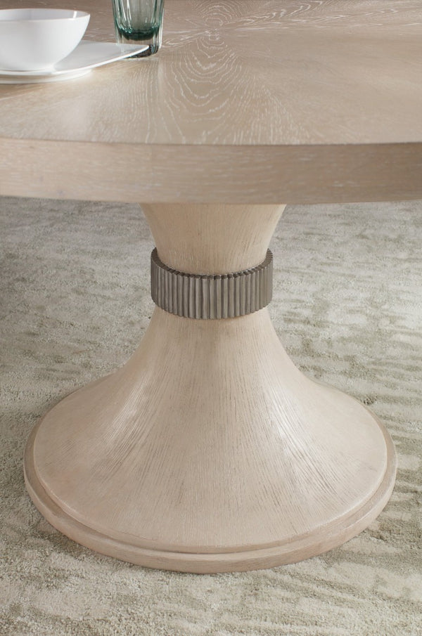 Hooker Furniture Nouveau Round Pedestal Dining Table With Sunburst Veneer, Sandstone Oak Finish & Silver Collar (60") 6500-75203-80