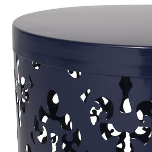 English Elm Outdoor Iron Accent Table Laser Cut Floral Cylinder Design for Patio or Balcony Navy Blue 73605.00NBLU
