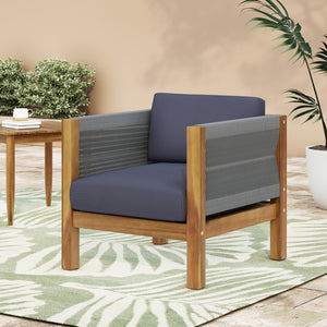 English Elm Christopher Knight Home® - LAUREL Club Chair Teak Acacia Wood with Handwoven Rattan Rope, Water-Resistant Cushions, Modern Outdoor Flair 65439.00GRY