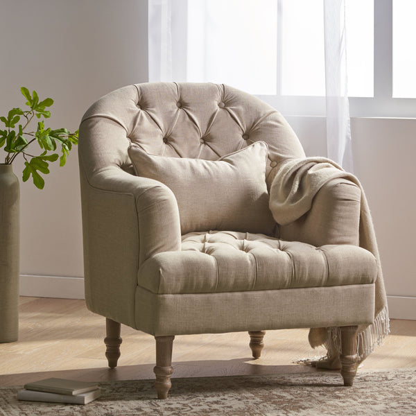 English Elm Christopher Knight Home® - ANATASIA Tufted Chair Upholstered Leather Barrel Back Beige with Oak Turned Feet — Luxury Comfort Retreat 54910.00BEI