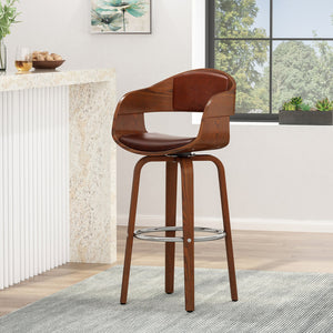 English Elm Christopher Knight Home® - BAR STOOL Mid-Century Modern Faux Leather Swivel with Walnut Veneer Frame and Chrome Footrest Brown 67494.00PUCOGN