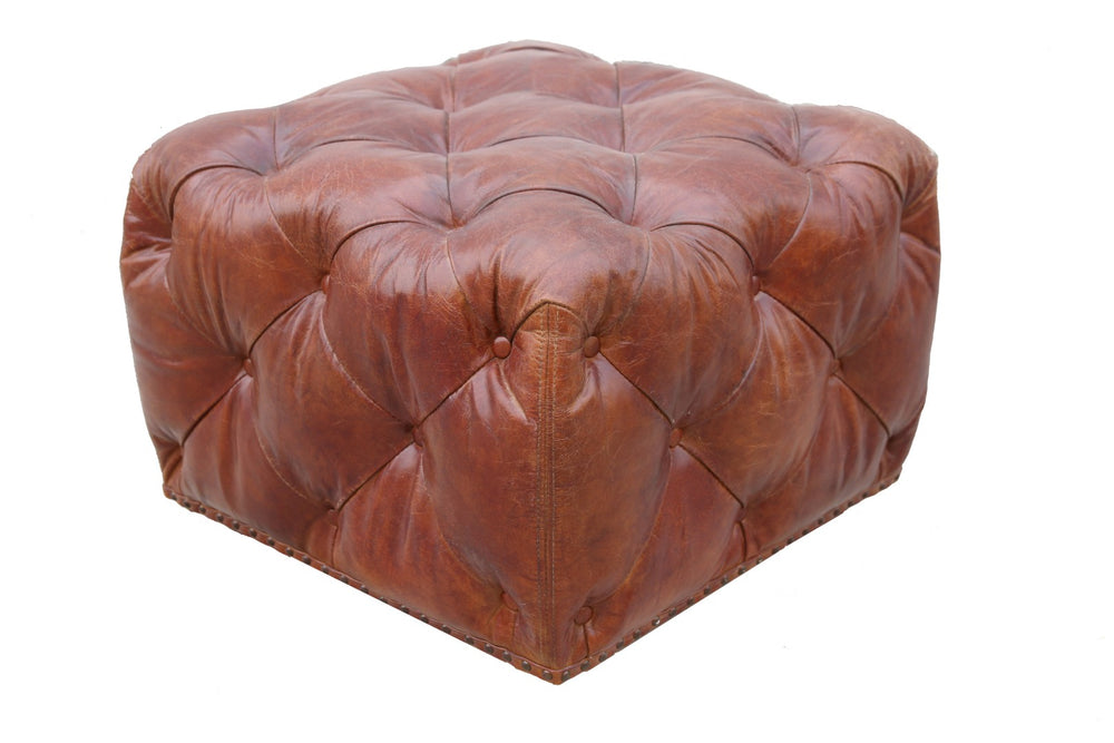 Pasargad Home Paris Club Brown Genuine Leather Tufted Ottoman - Timeless Elegance for Any Room