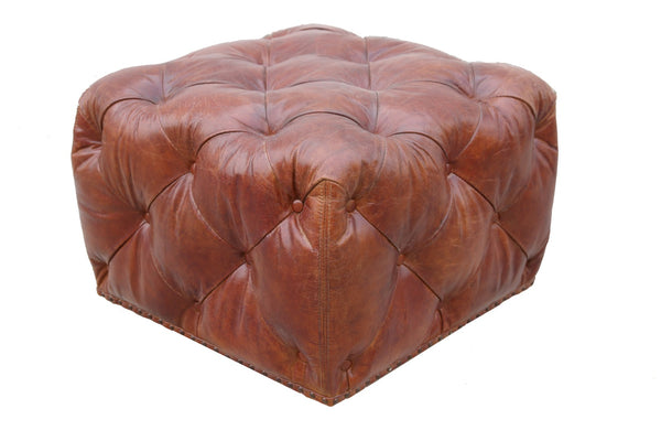 Pasargad Home Paris Club Brown Genuine Leather Tufted Ottoman - Timeless Elegance for Any Room