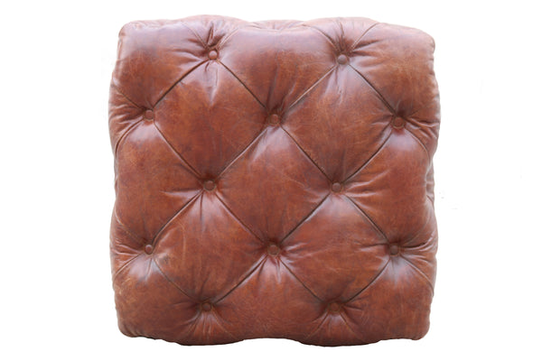 Pasargad Home Paris Club Brown Genuine Leather Tufted Ottoman - Timeless Elegance for Any Room