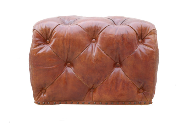 Pasargad Home Paris Club Brown Genuine Leather Tufted Ottoman - Timeless Elegance for Any Room