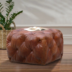 Pasargad Home Paris Club Brown Genuine Leather Tufted Ottoman - Timeless Elegance for Any Room