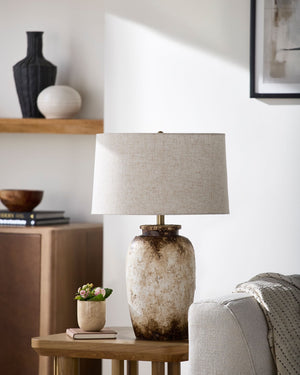 Surya Ostuni Cement Base Table Lamp with Linen Shade for Warm Ambient Living Room Light OTU-001