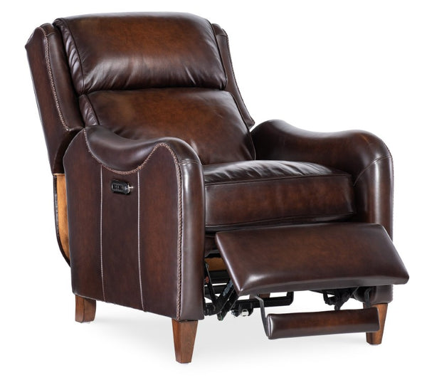 Hooker Furniture Carrington Vortex Leather Power Recliner With Usb, Power Headrest, Bustle Back & Dark Wood Legs RC819-PH-088