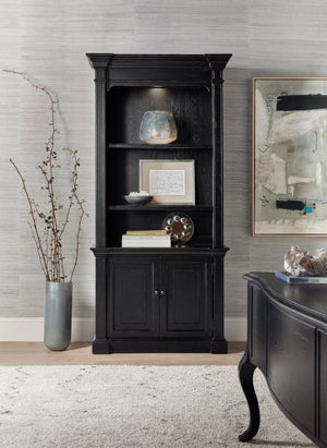 Hooker Furniture Bristowe Tuxedo Black Bookcase With Warm Brown Accents, Adjustable Shelves & Integrated Lighting, 85" 5971-10445-99