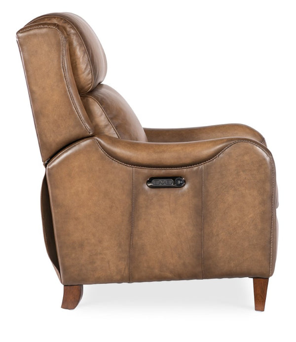 Hooker Furniture Carrington Power Recliner In Semi-Aniline Leather With Usb, Power Headrest & Sleek Transitional Style Brown RC819-PH-078