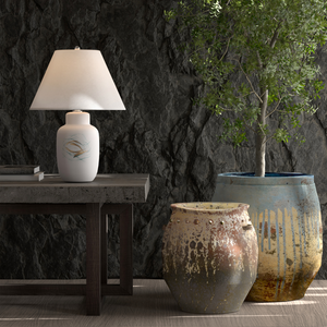 Oculus Hand-Painted Table Lamp - Contemporary Porcelain Design with Off-White Linen Shade & Crystal Finial