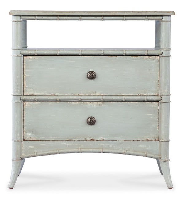 Hooker Furniture Charleston Nightstand With White Heron Finish, Cathedral Cherry Veneers, Self-Closing Drawers, Open Shelf Blues 6750-90216-40