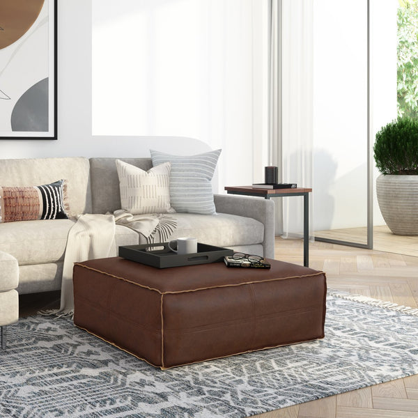 English Elm Brody Extra Large Pouf – Urban-Chic Distressed Dark Brown Vegan Leather Coffee Table & Seat B136P159356