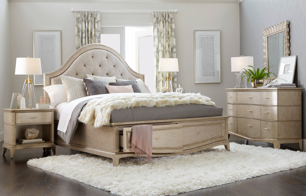 A.R.T. Furniture Starlite Glamour Bed With Elegant Gold Accents And Spacious Footboard Drawers For Stylish Storage Silver, Silver Parawood Solids,Primavera Veneer,Foam,Fabric,Metal 406165-2227s2