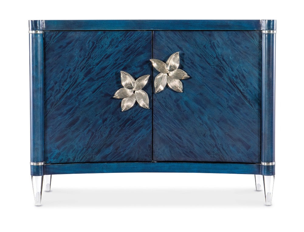 Hooker Furniture Melange Sapphire Accent Chest With Luxe Primavera Veneer, Acrylic Legs, Silver Floral Pulls, Soft-Close Storage 628-85678-45