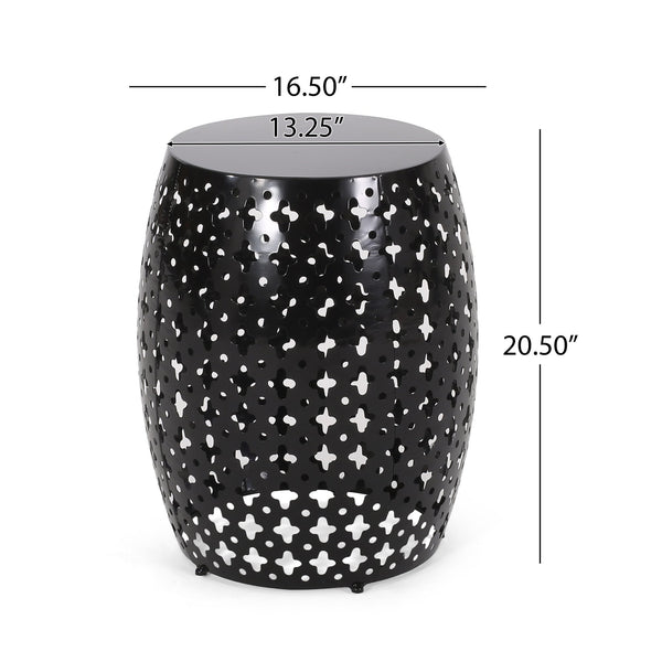 English Elm Metal Barrel End Table Powder Coated Iron Geometric Cut Indoor Outdoor Accent 73609.00BLK